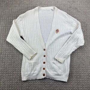 Vintage FOX Grandpa Sweater Knit Cardigan Men Medium M White Button Up Embroider